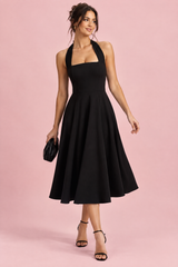 Robe midi patineuse noire à col américain