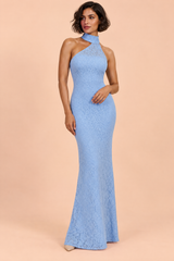 Robe longue bleu ciel en dentelle dos nu asymétrique à fente