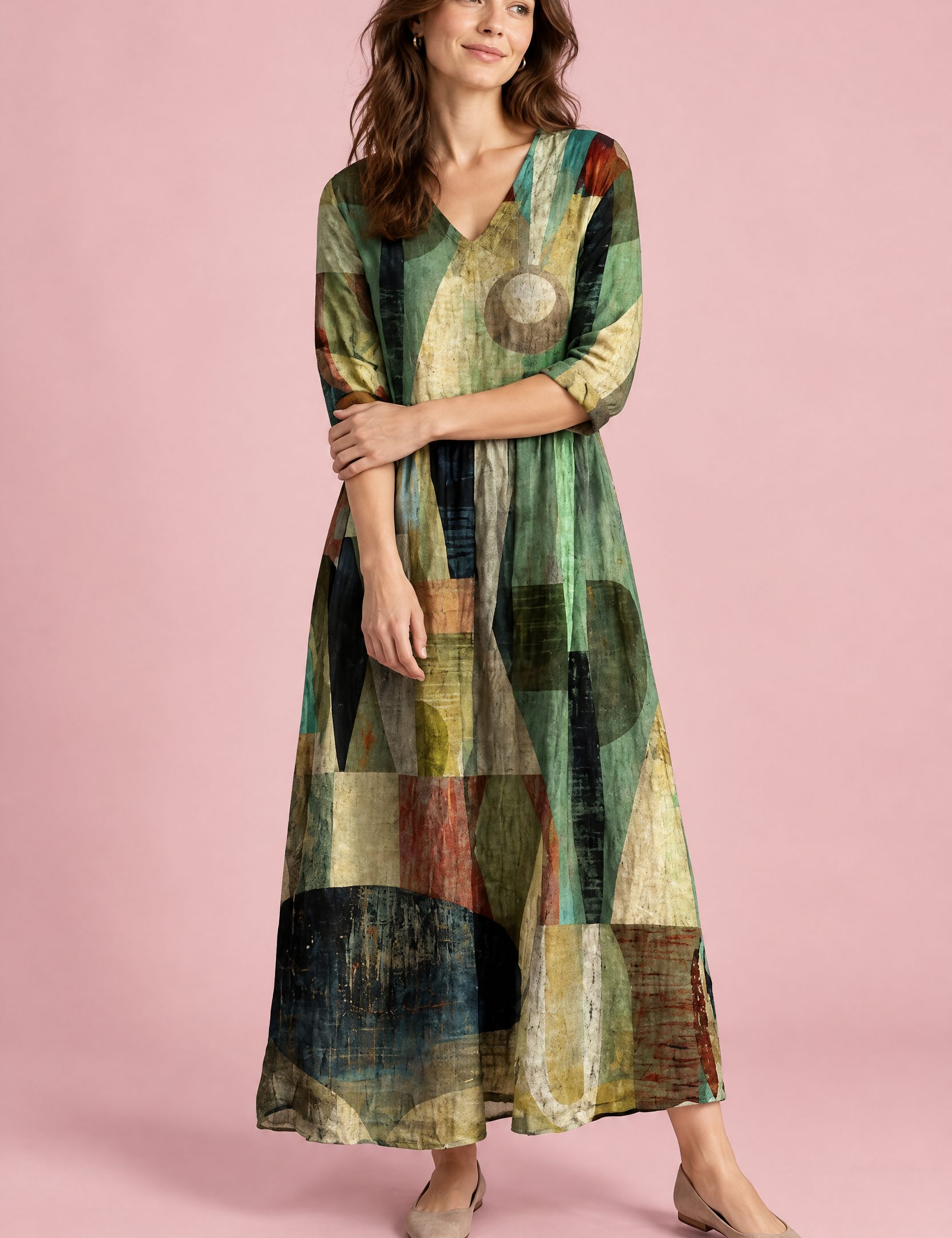 Robe verte fluide à col en V | Vue de face | Lounelle Paris