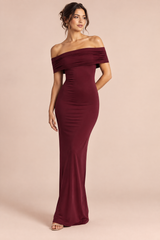Robe longue bustier bordeaux froncée à dos ouvert