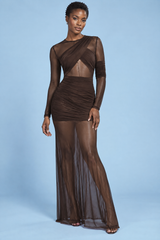 Robe longue moulante marron à fronces