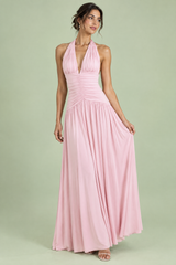 Robe longue rose poudré à décolleté plongeant et fronces