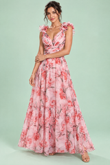 Robe longue rose fleurie à volants