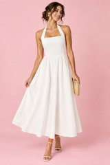 Robe midi patineuse blanche à encolure américaine