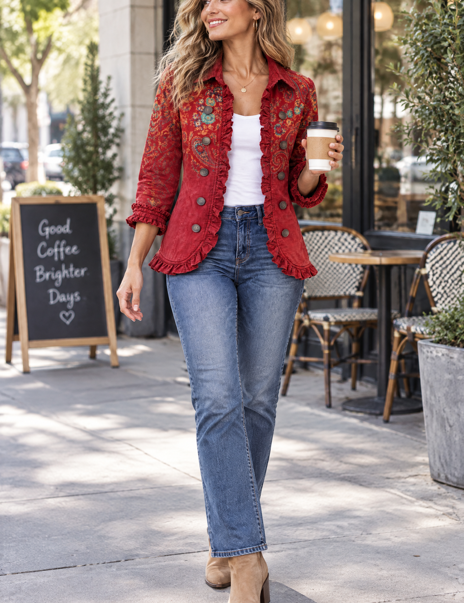Veste ajustée rouge à imprimé léopard | Photo lifestyle | Lounelle Paris