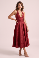 Robe midi bordeaux trapèze en dentelle fleurie à décolleté V