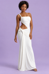 Robe longue blanche asymétrique à jupe portefeuille