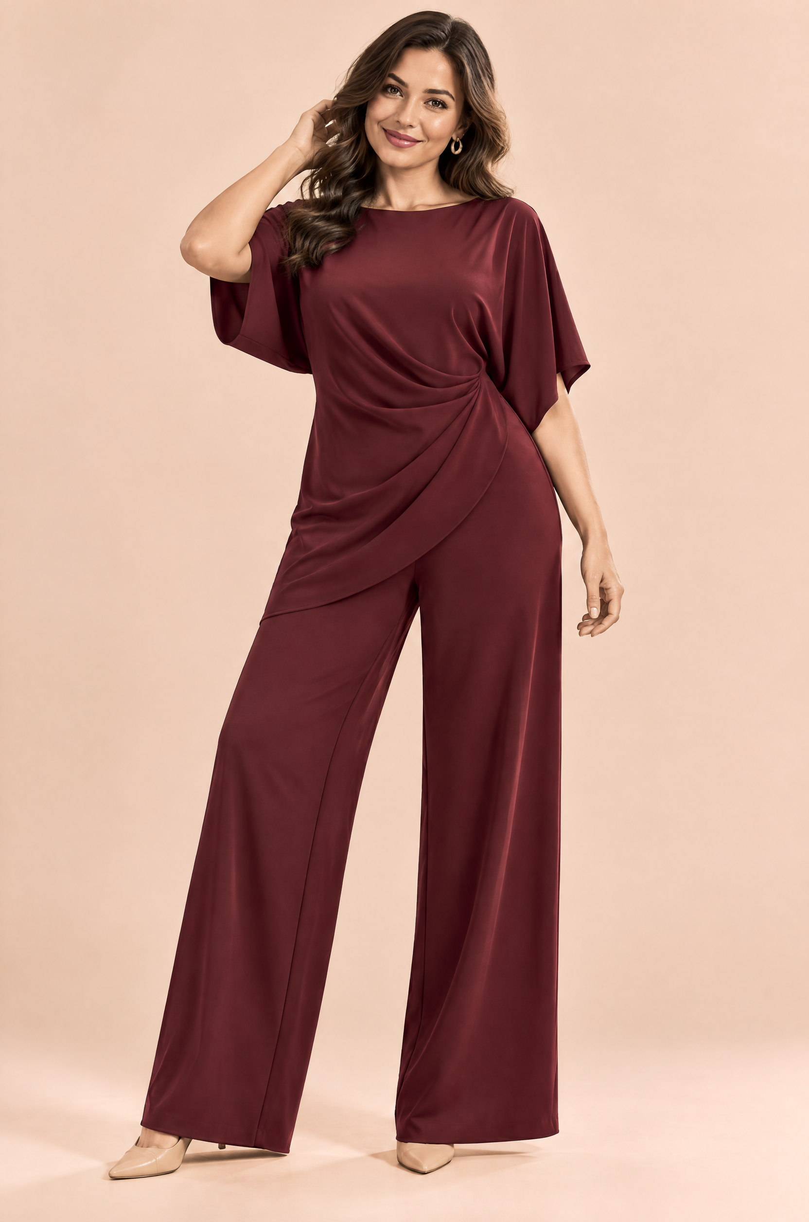 Ensemble pantalon bordeaux plissé effet portefeuille | Porté sur une autre silhouette | Lounelle Paris