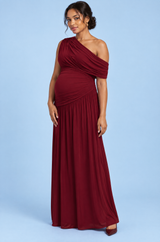 Robe longue de grossesse bordeaux à encolure asymétrique et taille basse