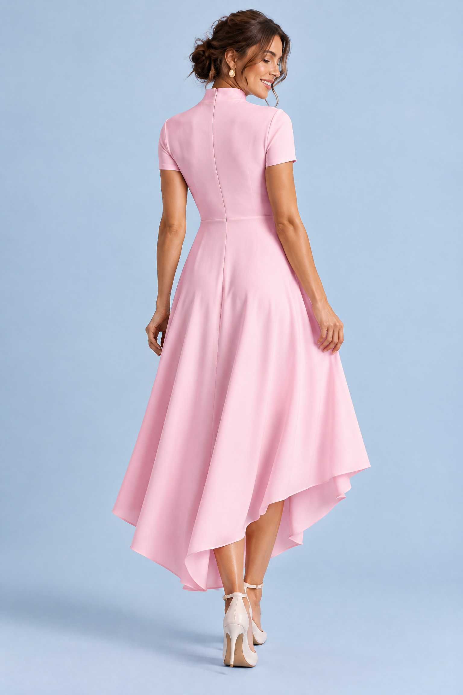 Robe midi asymétrique à col montant rose | Vue de dos | Lounelle Paris