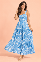 Robe longue bleue à imprimé porcelaine et encolure carrée