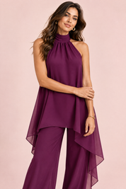 Ensemble pantalon violet en mousseline à col dos nu | Vue rapprochée | Lounelle Paris