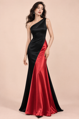 Robe longue noire et rouge à une épaule