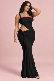 Robe asymétrique noire à découpe | Porté sur une autre silhouette | Lounelle Paris