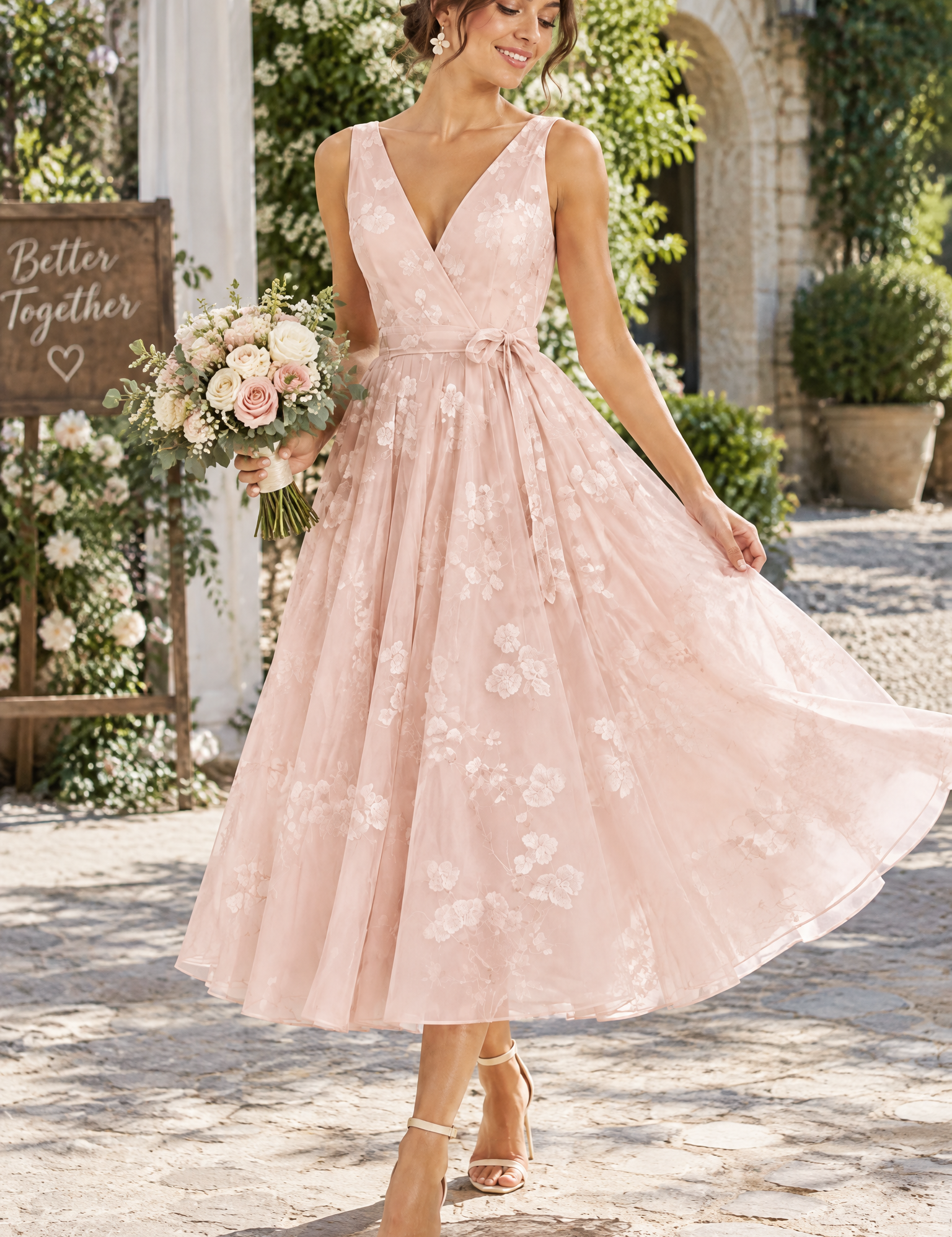 Robe midi fleurie rose clair à la coupe patineuse | Photo lifestyle | Lounelle Paris