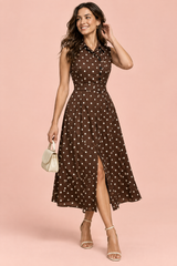 Robe midi marron foncé à pois et dos nu