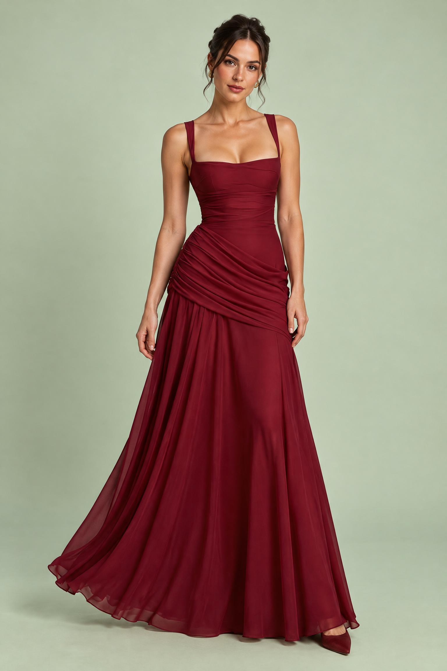Robe longue bordeaux froncée à encolure carrée et coupe évasée | Vue de face | Lounelle Paris