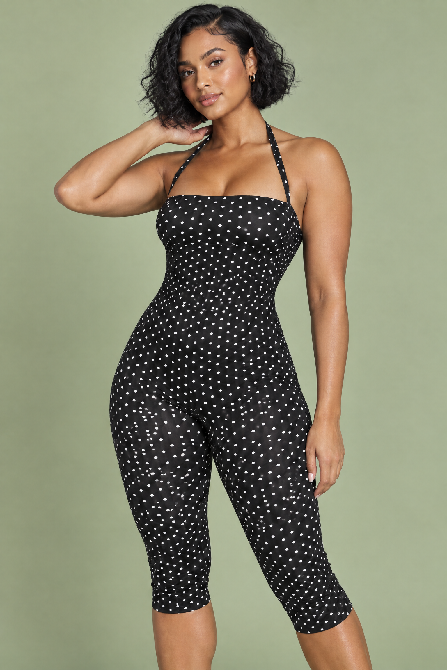 Combinaison pantalon ajustée à pois noire | Vue rapprochée | Lounelle Paris