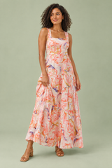 Robe midi rose à imprimé porcelaine et encolure carrée