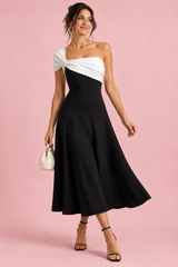 Robe midi noire et blanche asymétrique à une épaule