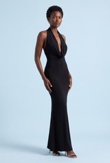 Robe longue noire dos nu à col bénitier, coupe sirène