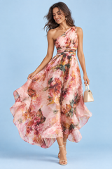 Robe rose fleurie à une épaule