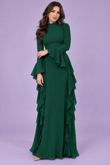 Robe longue verte à volants et manches cloche