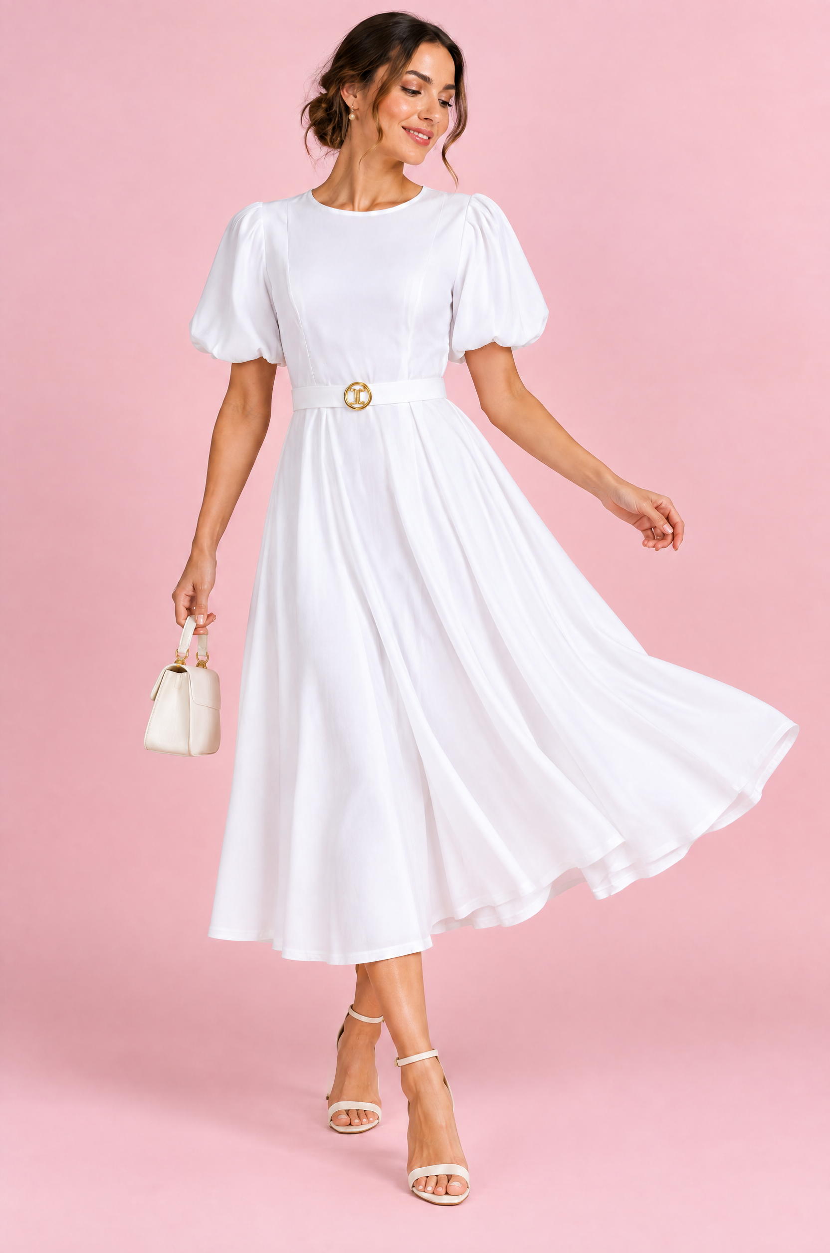Robe midi blanche à col montant et manches bouffantes | Vue en mouvement | Lounelle Paris