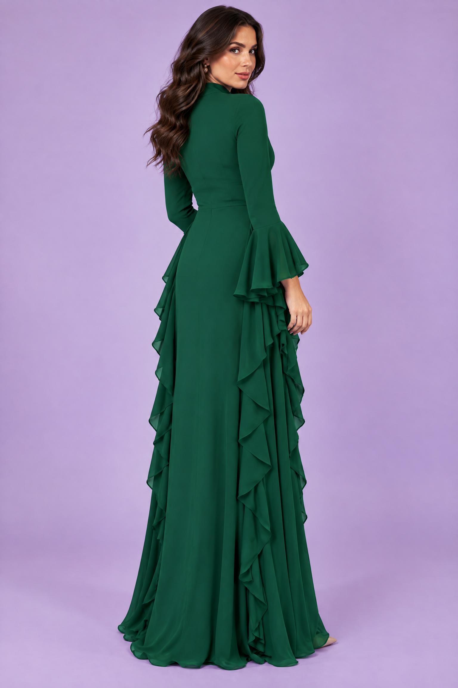 Robe longue verte à volants et manches cloche | Vue de dos | Lounelle Paris