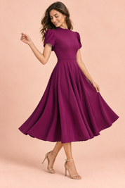 Robe midi violette à col montant et manches bouffantes | Vue de dos | Lounelle Paris