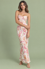 Robe midi fleurie, torsadée et asymétrique écrue