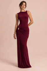 Robe longue rouge foncé à col rond et effet drapé