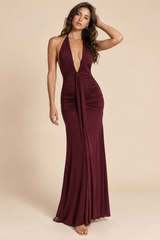 Robe longue bordeaux froncée à col dos nu