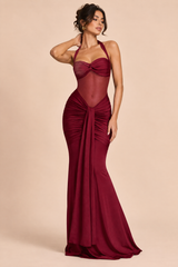 Robe longue bordeaux froncée à encolure dos nu