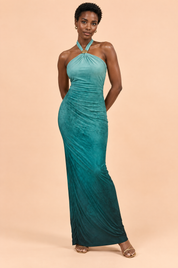 Robe longue turquoise dégradée à col américain avec détail bleu canard | Vue de face | Lounelle Paris