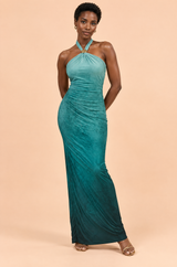 Robe longue turquoise dégradée à col américain et fronces