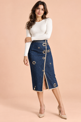 Jupe crayon midi bleue taille haute