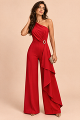 Combinaison pantalon rouge asymétrique ceinturée