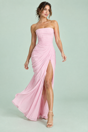 Robe longue rose froncée sans bretelles | Vue en mouvement | Lounelle Paris