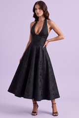 Robe midi noire trapèze en dentelle fleurie à décolleté V