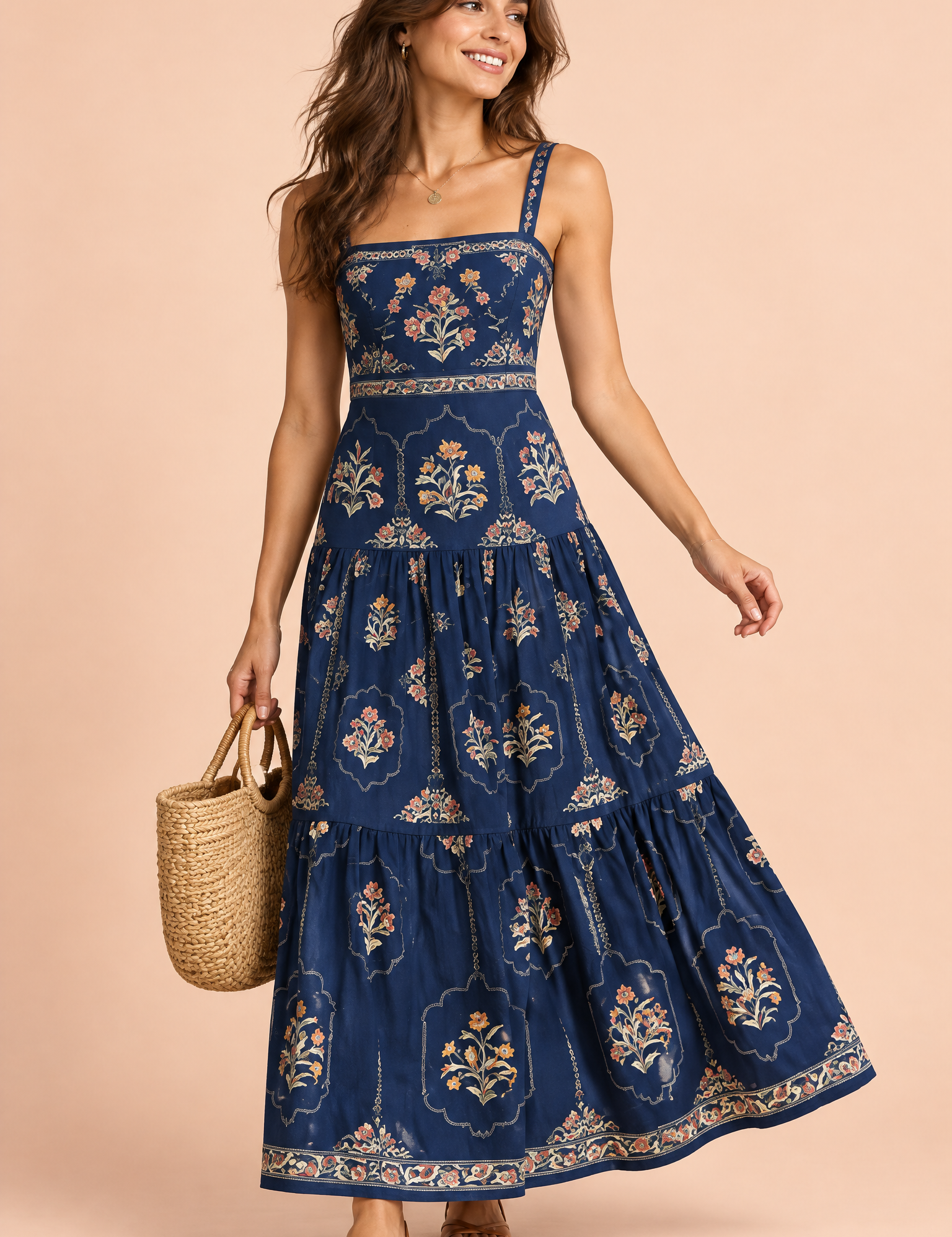 Robe longue bleu marine fleurie à volants | Vue de face | Lounelle Paris