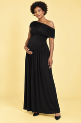 Robe longue de grossesse noire à encolure asymétrique et taille basse