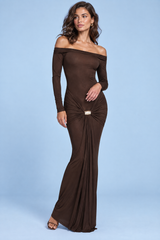 Robe longue marron foncé asymétrique à fronces et drapé
