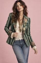 Blazer ajusté vert à fleurs et rayures