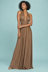 Robe longue portefeuille marron à col américain avec détail doré