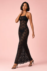 Robe longue noire en dentelle à bandeau avec détail foulard