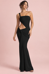 Robe longue noire asymétrique à jupe portefeuille