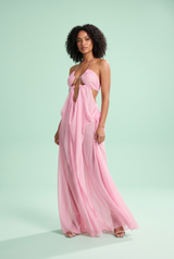 Robe longue rose à encolure américaine, découpes et mesh transparent