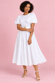 Robe midi blanche à col montant et manches bouffantes | Porté sur une autre silhouette | Lounelle Paris