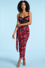 Robe longue en mesh à imprimé léopard, décolleté en V et fente haute devant — Rouge